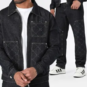 Set di jeans blu grezzi e giacca con zip di jeans