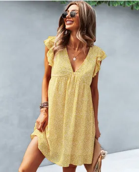 Summer Boho Dress Women Mini Fashion Casual con scollo a V senza maniche Ruffles Loose Beach Party Abiti per le donne Robe Femme