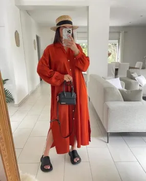 Women Long Dress Solid Loose Straight High Splited Maxi Dresses For Office Lady Single Breasted Casual Vestidos